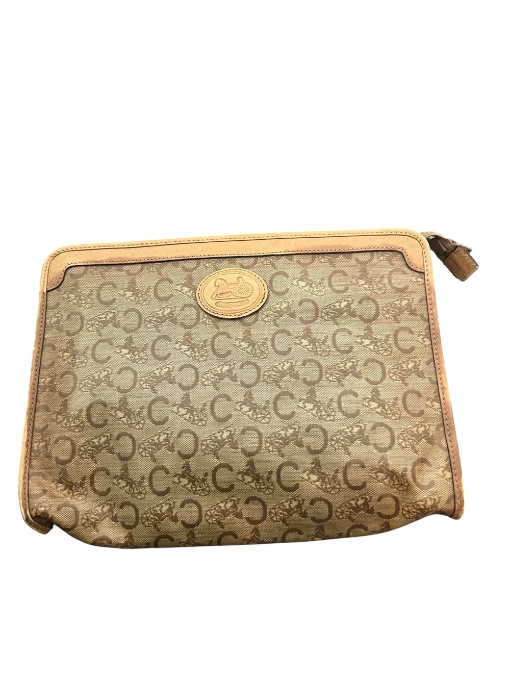 CELINE Vintage Horse Carriage Beige Monogram Zipper Clutch